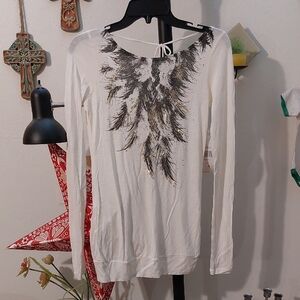 Long Sleeve Ivory Shirt With Black And Gold Feather Design